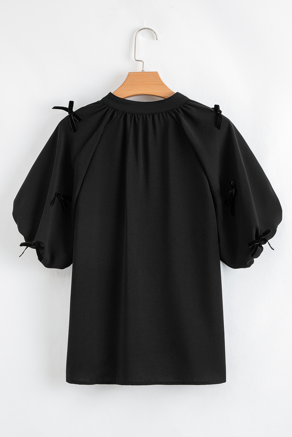 Black Bow Decor Puff Sleeve Split Neck Blouse