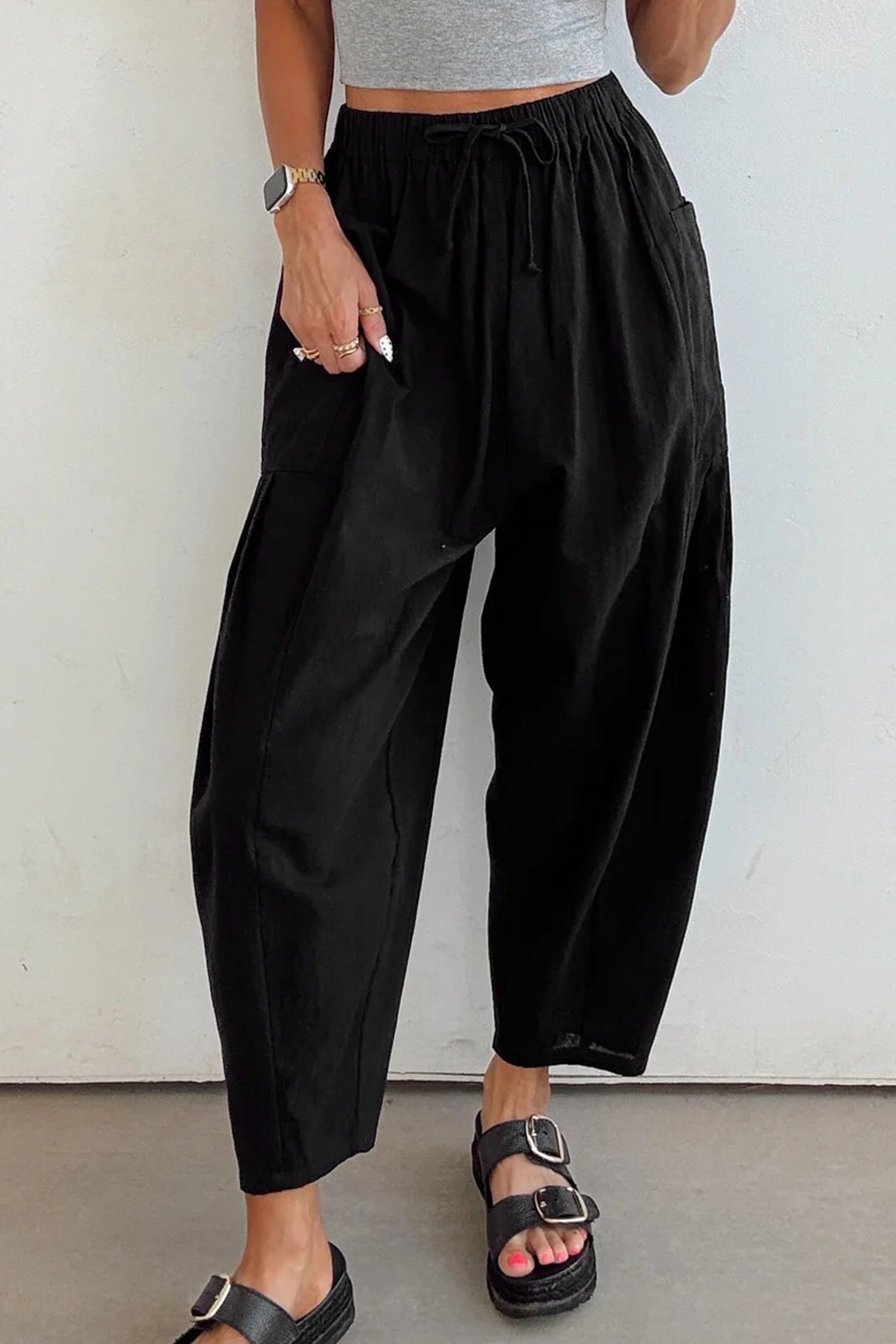 Black Drawstring Elastic Waist Patch Pocket Barrel Leg Casual Pants