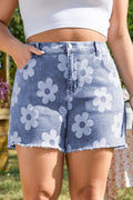 Ashleigh Blue Floral Pattern High Waist Raw Hem Plus Size Denim Shorts