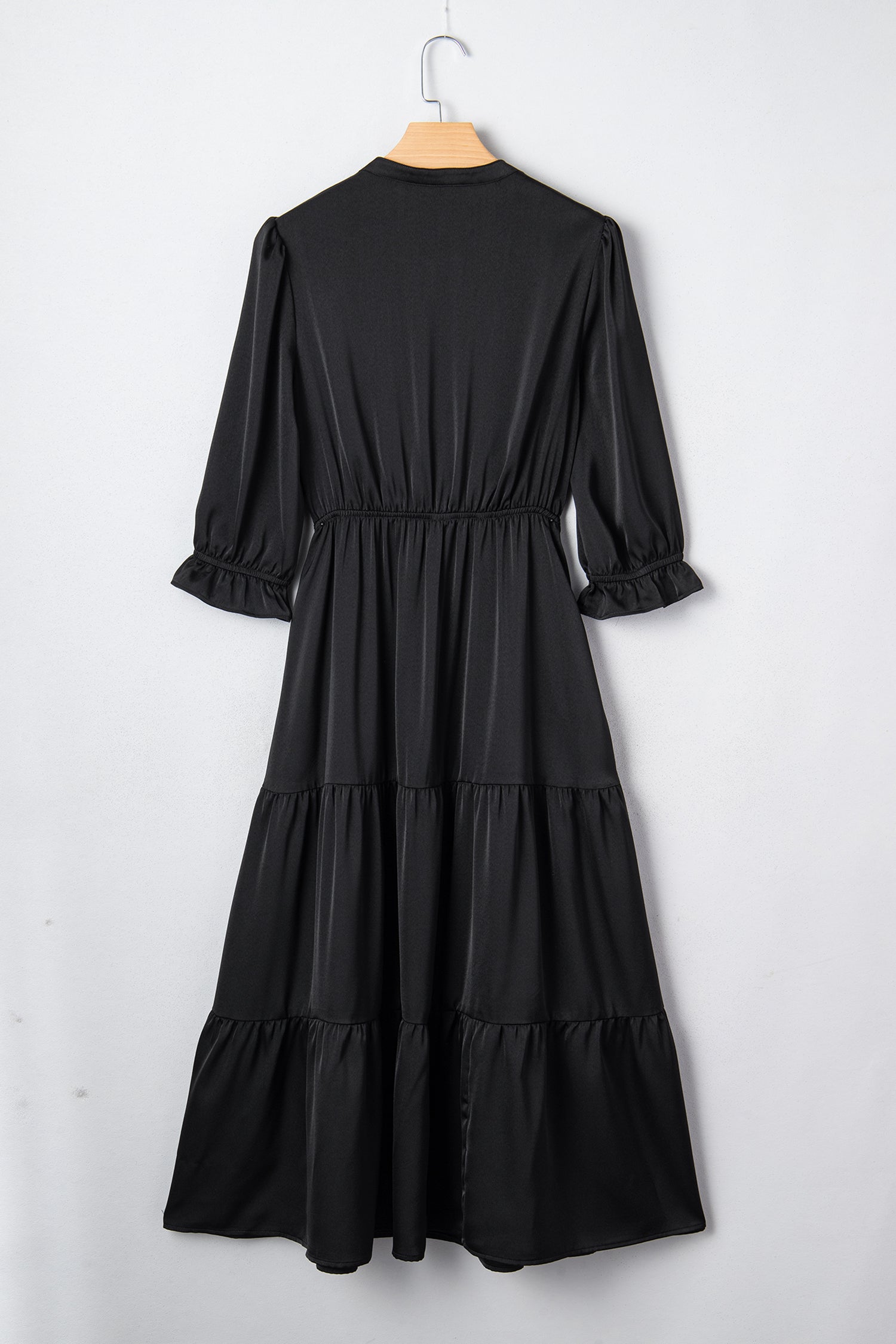 Black Flounced Bracelet Sleeve V Neck Tiered Maxi Dress