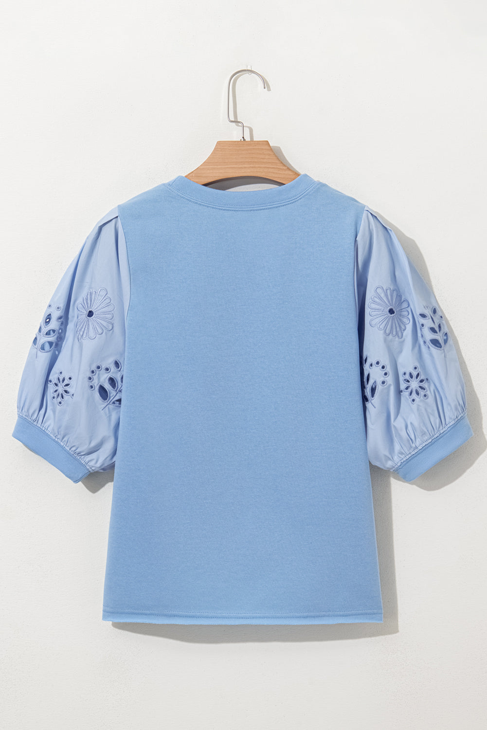 Beau Blue Eyelet Flower Embroidered Puff Short Sleeve Patchwork Crew Neck Blouse
