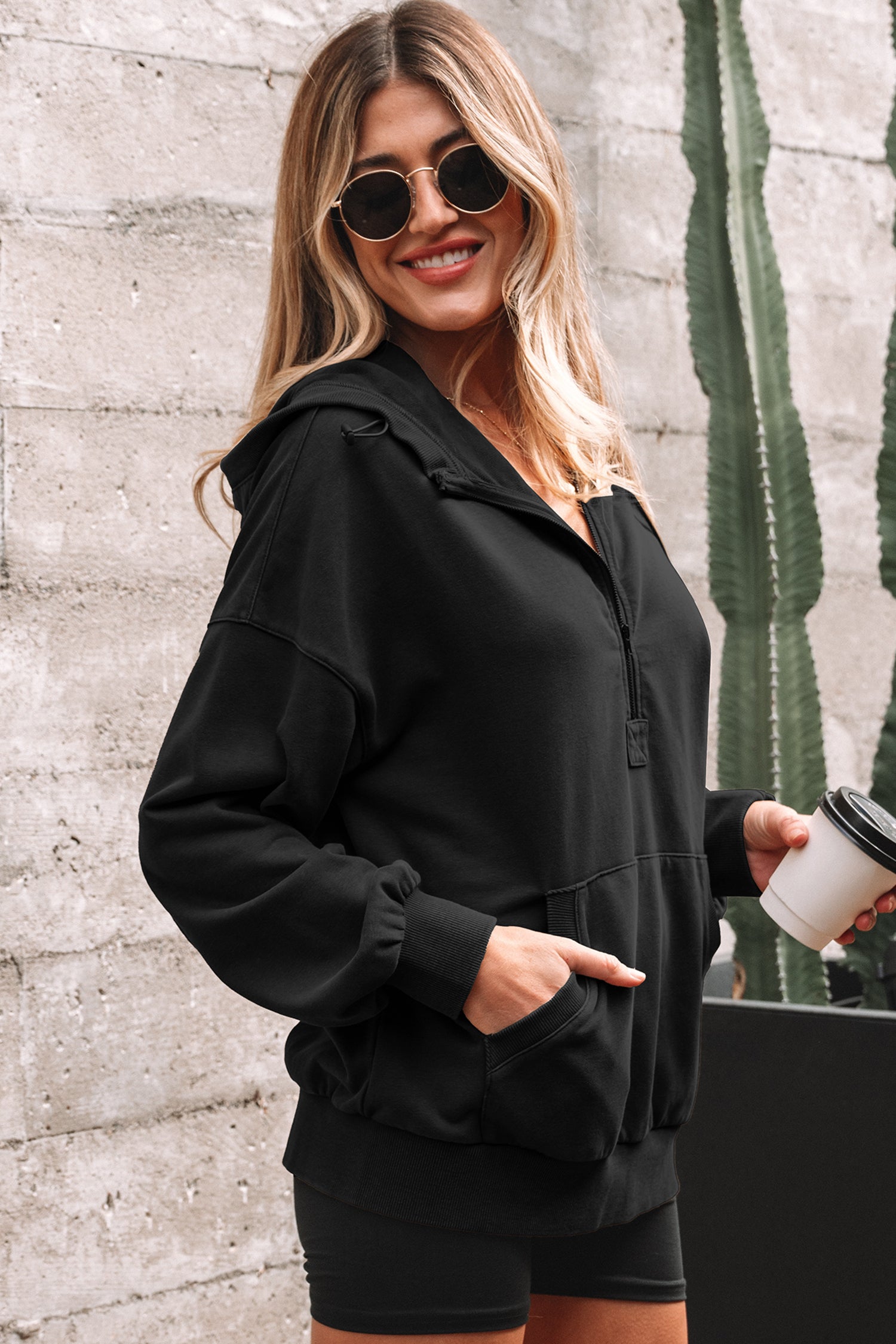 Black Half Zip Kangaroo Pocket Mineral Wash Baggy Hoodie