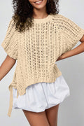 Apricot Plus Size Open Knit Bow Tie Short Sleeve Sweater