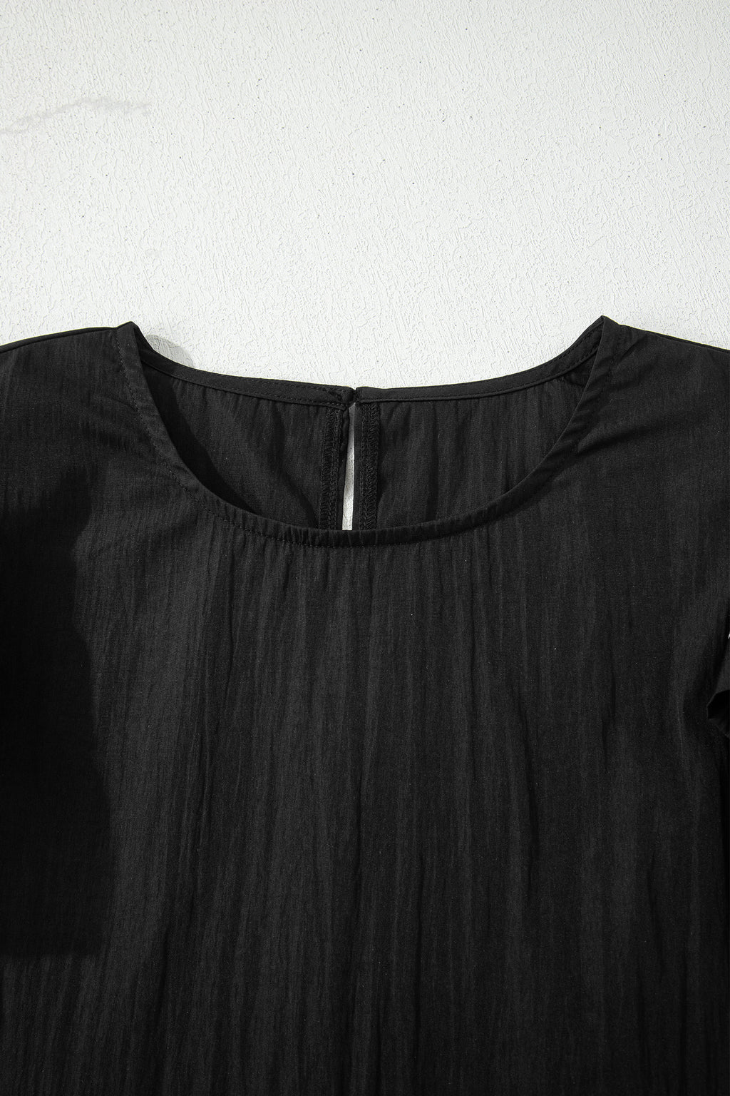 Black Contrast Trim Dual Ruffle Short Sleeve Textured Blouse