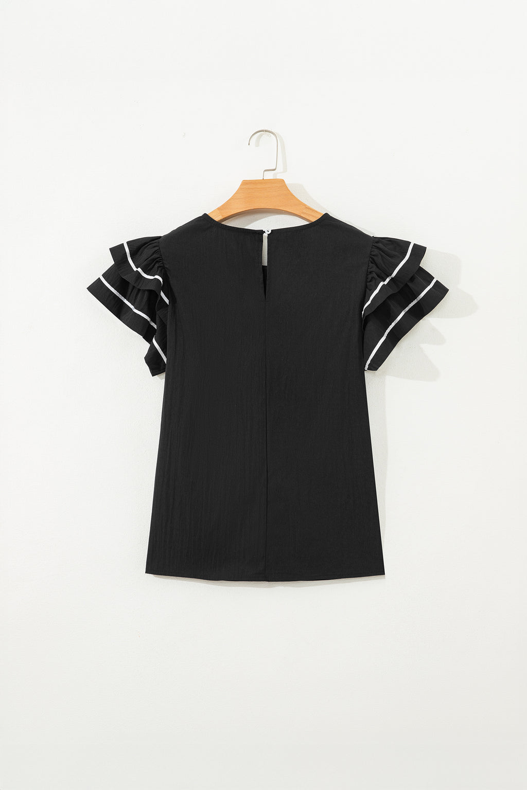 Black Contrast Trim Dual Ruffle Short Sleeve Textured Blouse