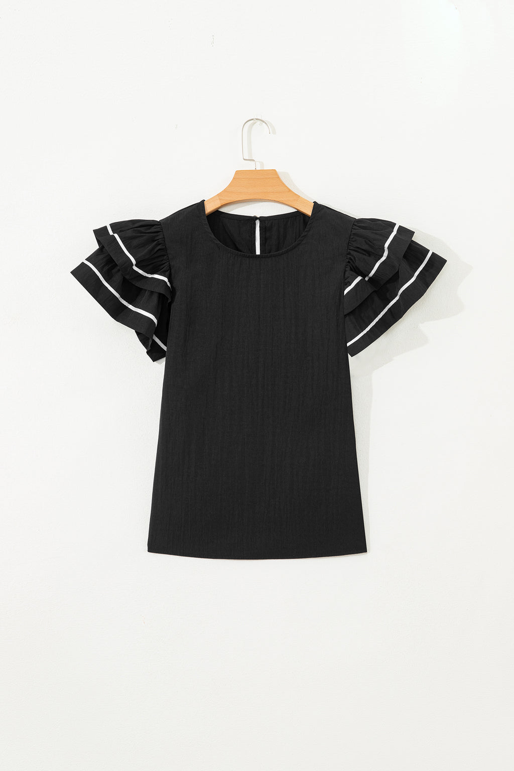 Black Contrast Trim Dual Ruffle Short Sleeve Textured Blouse