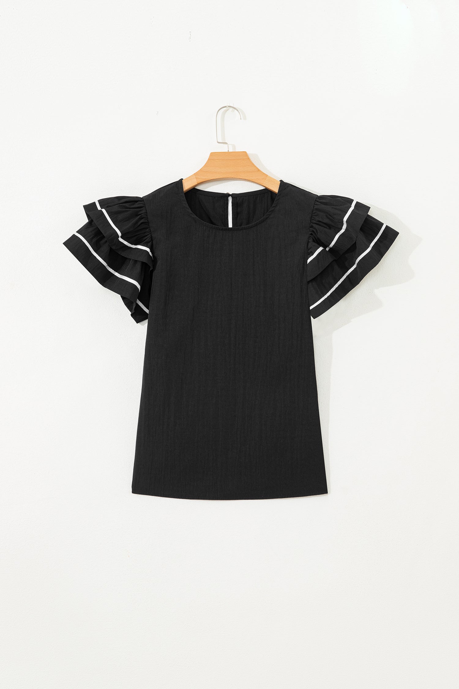 Black Contrast Trim Dual Ruffle Short Sleeve Textured Blouse