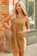 Beige Corduroy Sleeveless Mini Dress With Patched Pockets