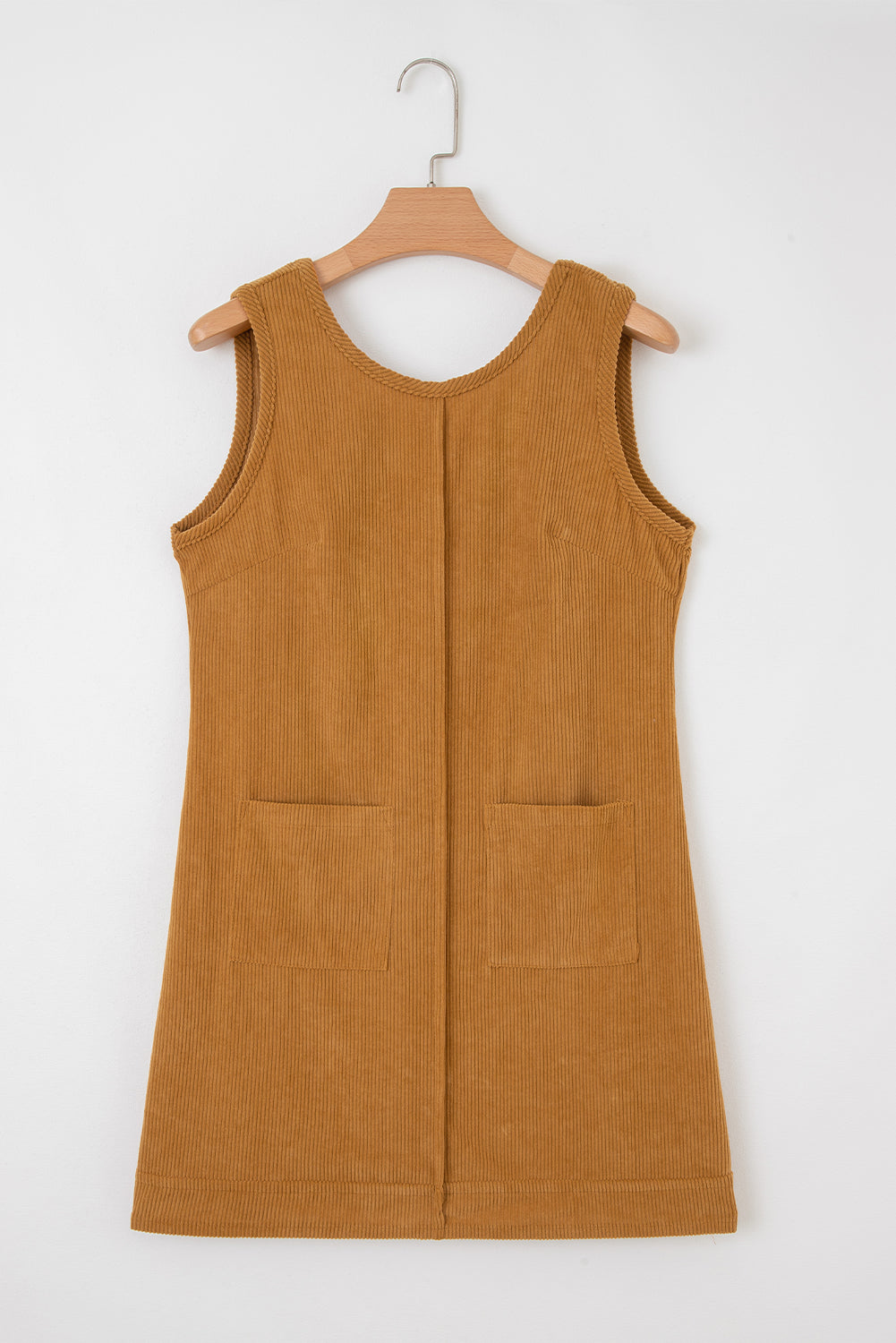 Beige Corduroy Sleeveless Mini Dress With Patched Pockets
