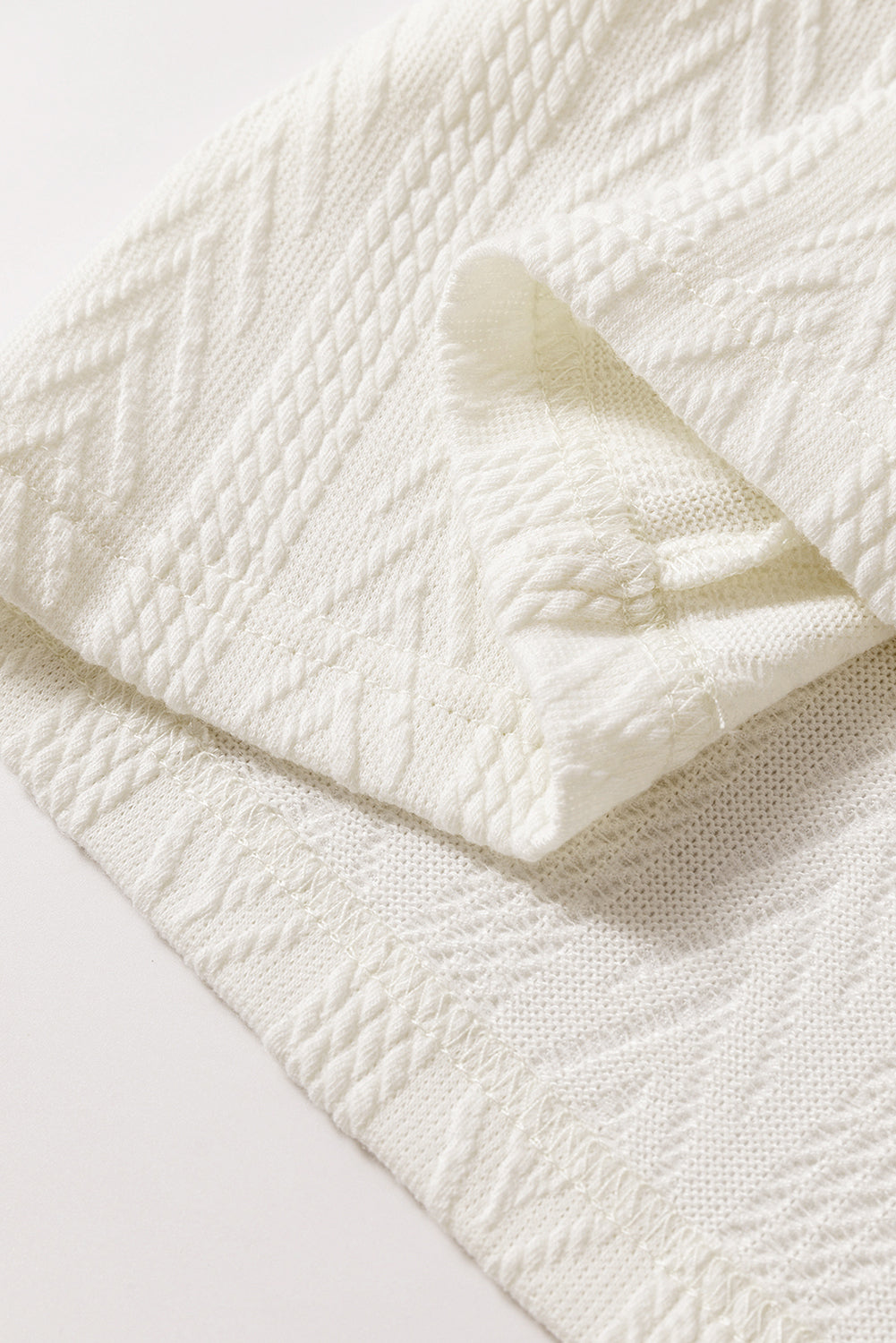 Beige Floral Patchwork Textured Knit Drawstring V Neck Blouse