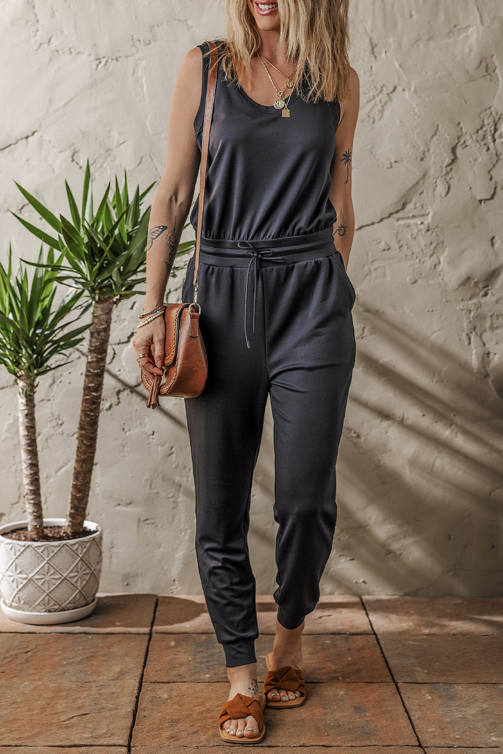 Black Casual Tank Style Tie Waist Pocketed Jogger Jumpsuit