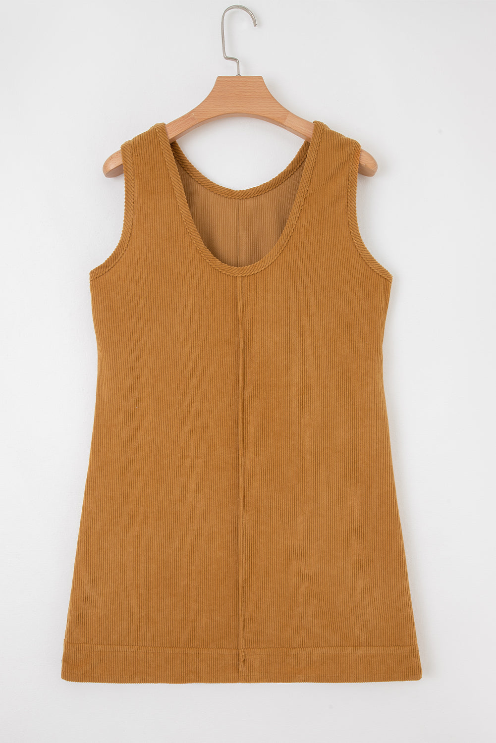 Beige Corduroy Sleeveless Mini Dress With Patched Pockets