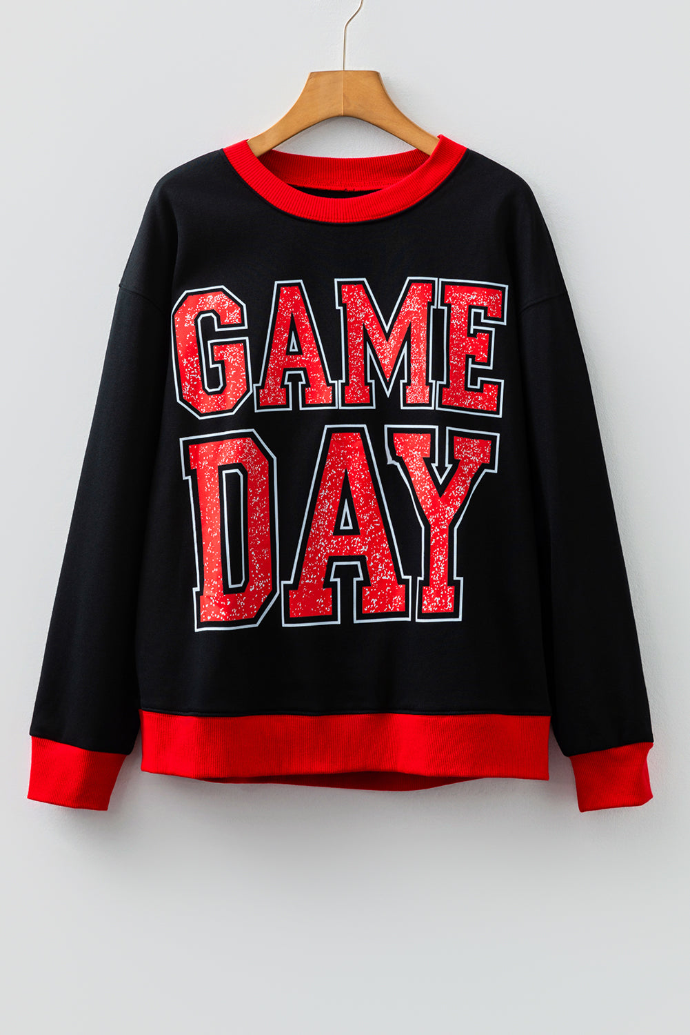 Black GAME DAY Letter Graphic Varsity Striped Detail Baggy Sweatshirt