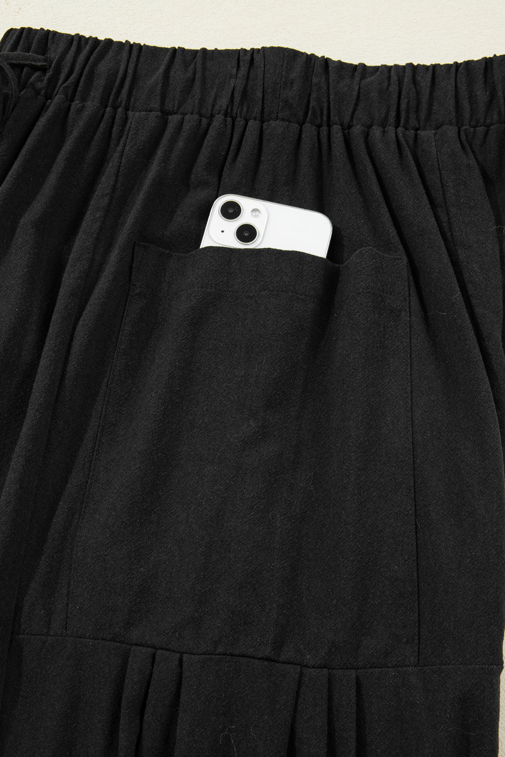 Black Drawstring Elastic Waist Patch Pocket Barrel Leg Casual Pants